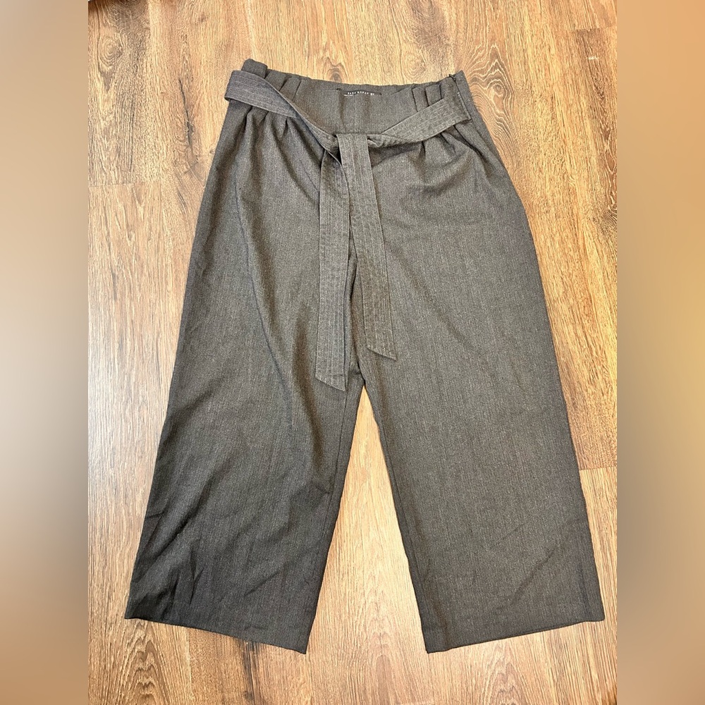 ZARA WOMAN Charcoal Gray High Rise Paperbag Waist Wide Leg Ankle Pants Sz XL